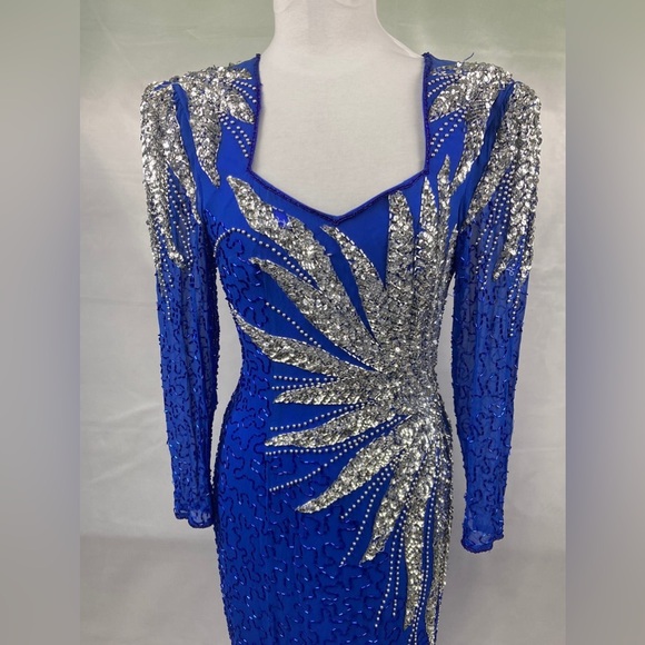 1980's Blue w/Silver Beaded Prom Formal Dress Vintage Women's Dress Small/ Med - Picture 2 of 5